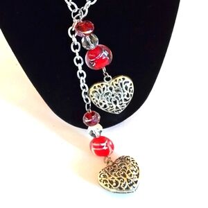 NEW Handmade Red Art Glass Beads and Heart Charms Wrap Style Necklace Silvertone